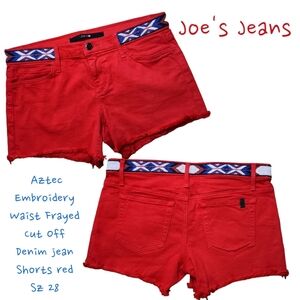 Joe's Jeans Women's Aztec Geo embroidered fray denim jean shorts red cutoffs 28